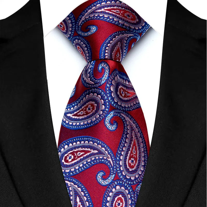 Gravata masculina luxuosa de 8cm, cor vermelha, listras sólidas, paisley, para homens, noivo, jacquard, tecido, gravata de pescoço para negócios, festa de casamento