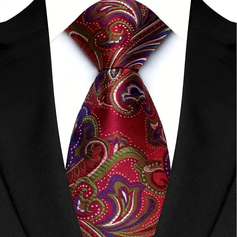 Gravata masculina luxuosa de 8cm, cor vermelha, listras sólidas, paisley, para homens, noivo, jacquard, tecido, gravata de pescoço para negócios, festa de casamento