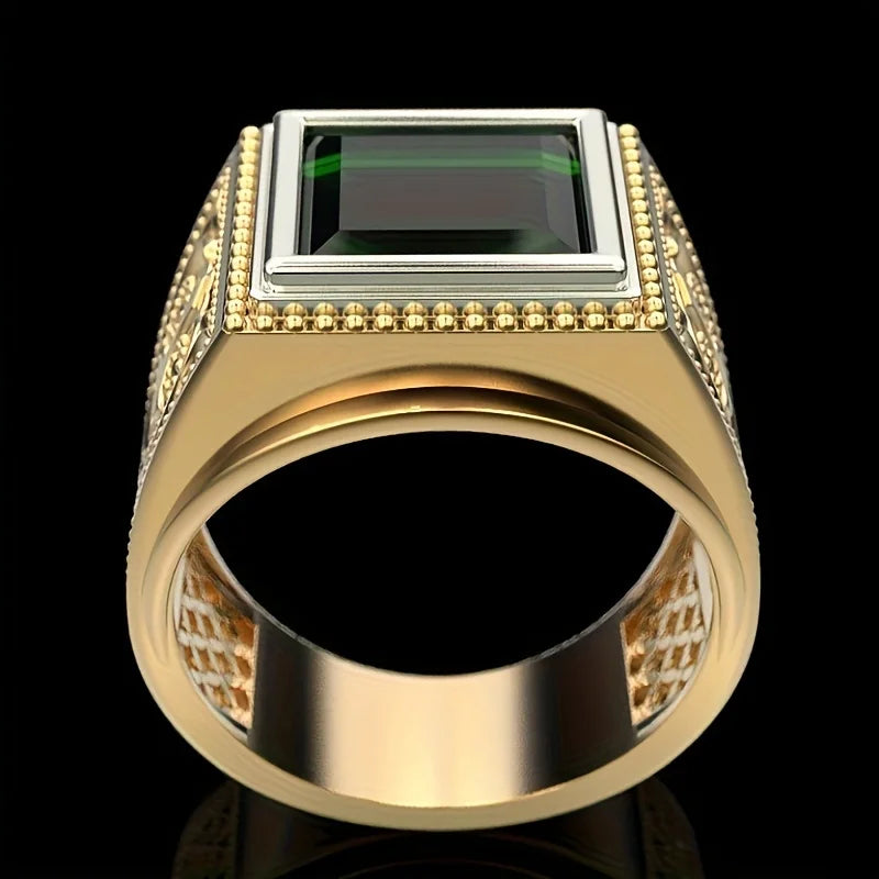 Anel Masculino Punk Vintage Banhado a Ouro 14k com Zircônia Verde