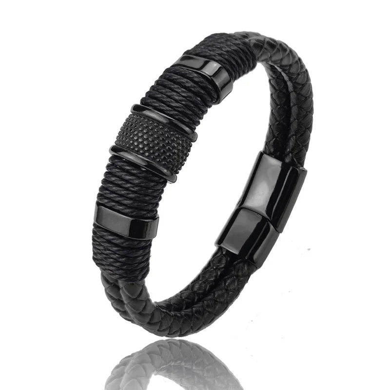Luxo vintage multicamadas de couro marrom aço inoxidável pulseira masculina grânulo jóias masculino pulseira de pulso presentes de natal