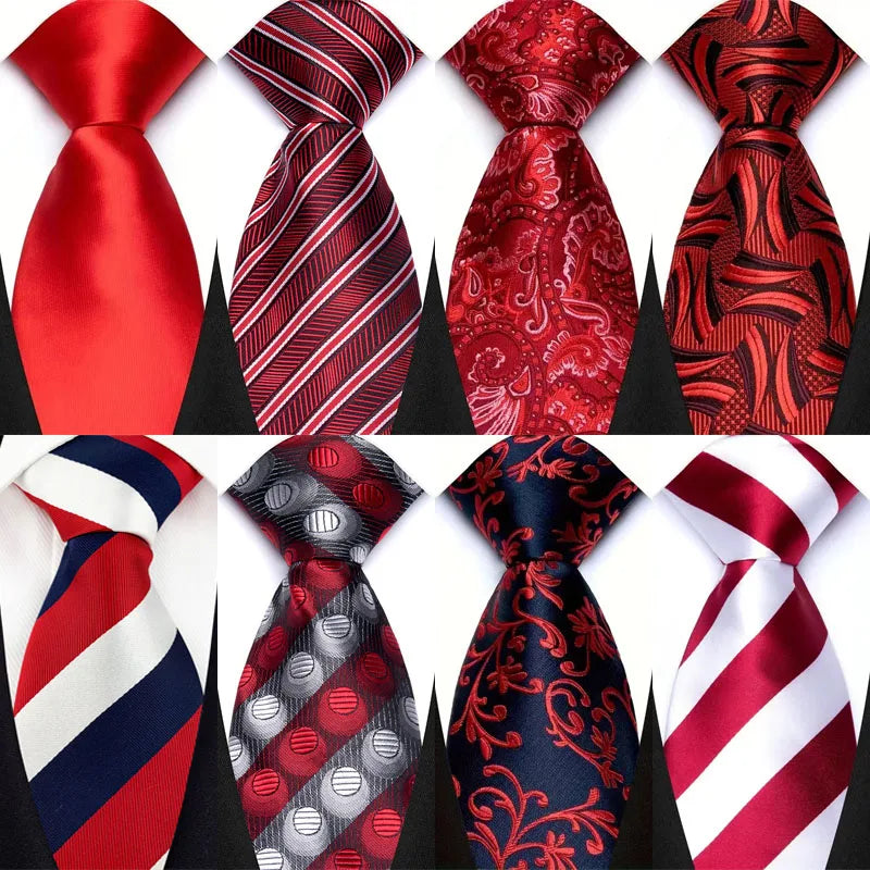 Gravata masculina luxuosa de 8cm, cor vermelha, listras sólidas, paisley, para homens, noivo, jacquard, tecido, gravata de pescoço para negócios, festa de casamento