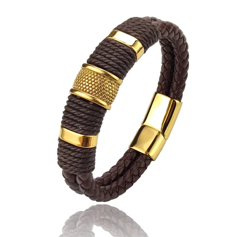 Luxo vintage multicamadas de couro marrom aço inoxidável pulseira masculina grânulo jóias masculino pulseira de pulso presentes de natal