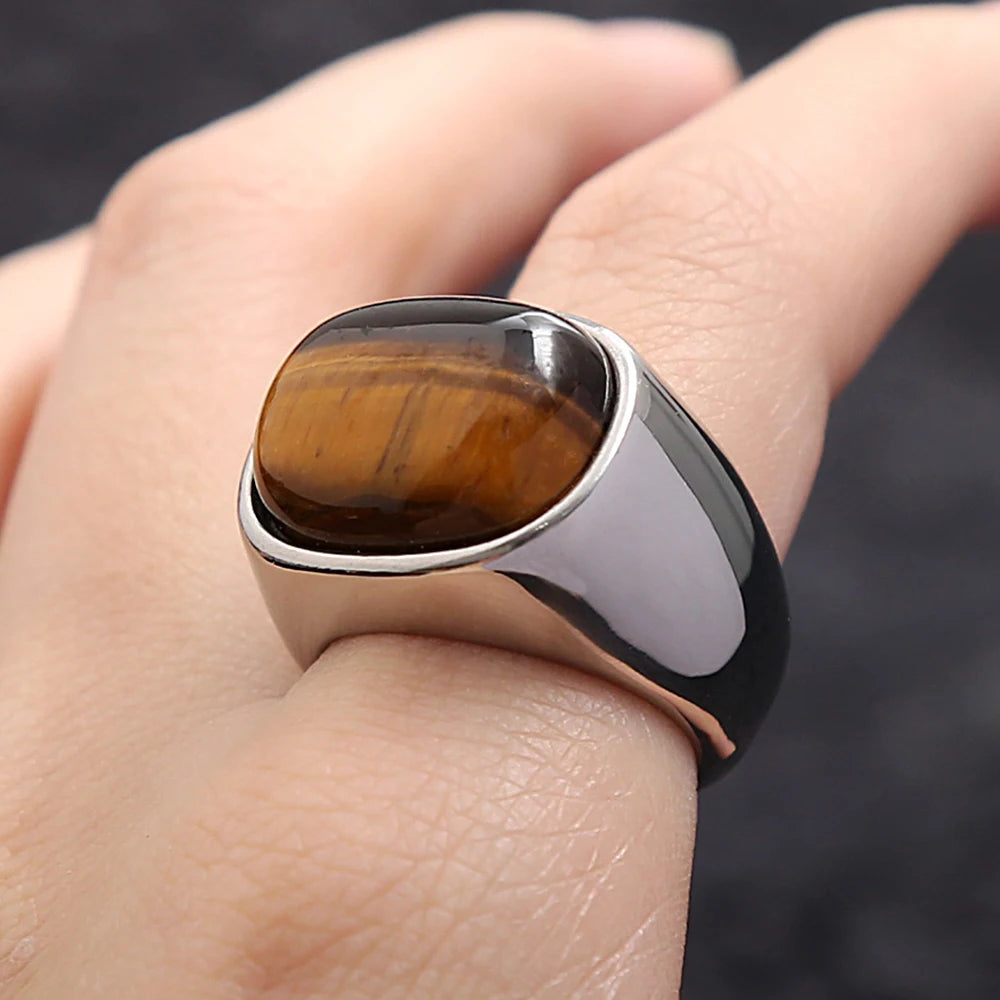 Anel de Pedra Olho de Tigre Aço Inoxidável,Anel com Olho de Tigre-Loja Melanio