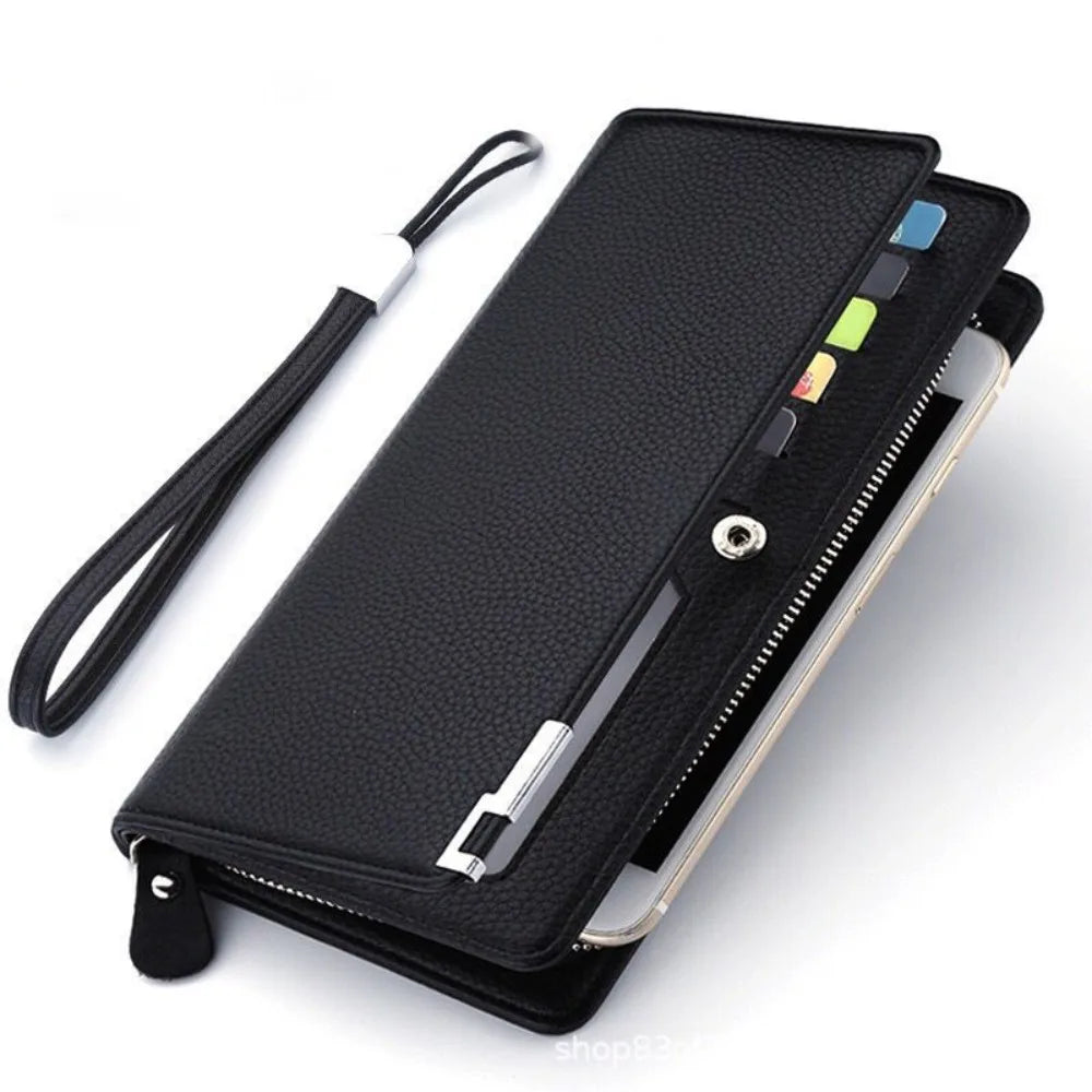 Carteira Masculina Longa Multi-slot em Couro PU com Zíper