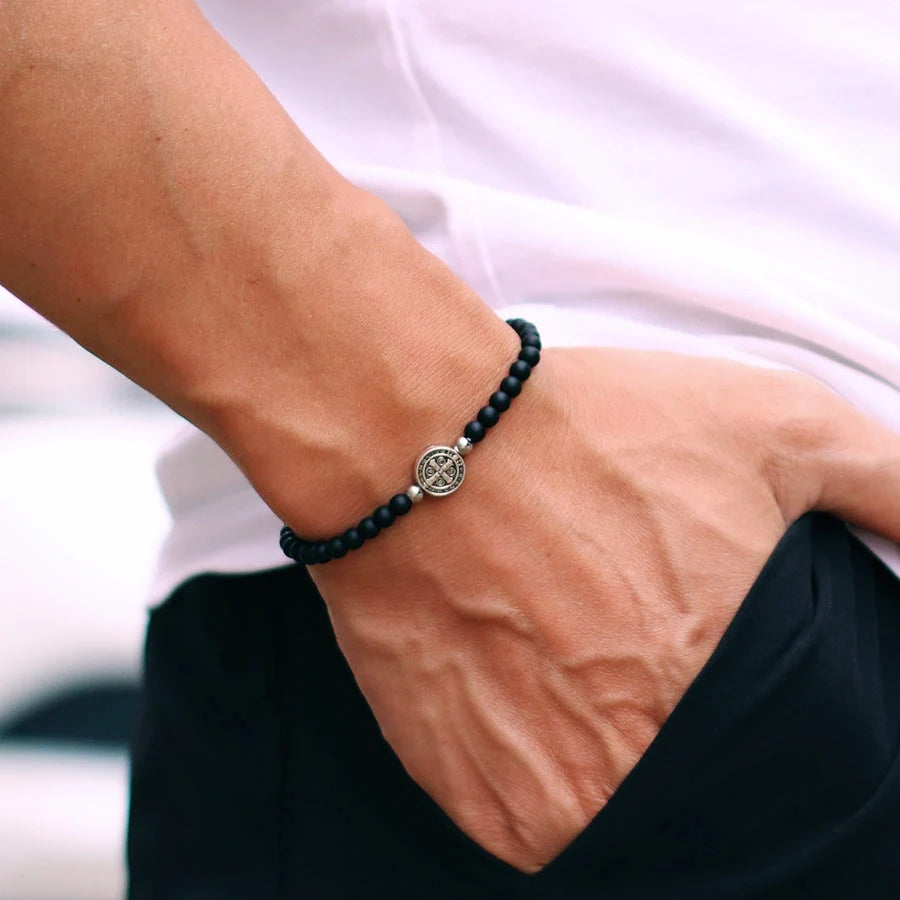 Pulseira Masculina Minimalista de Pedra Ônix e Madeira