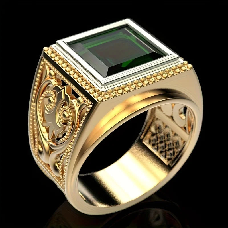 Anel Masculino Punk Vintage Banhado a Ouro 14k com Zircônia Verde