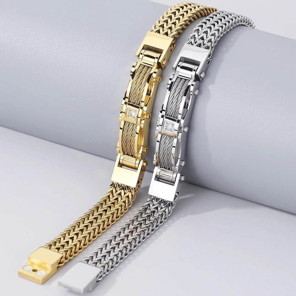 Pulseira Luxuosa de Aço Inoxidável Dourada 12mm