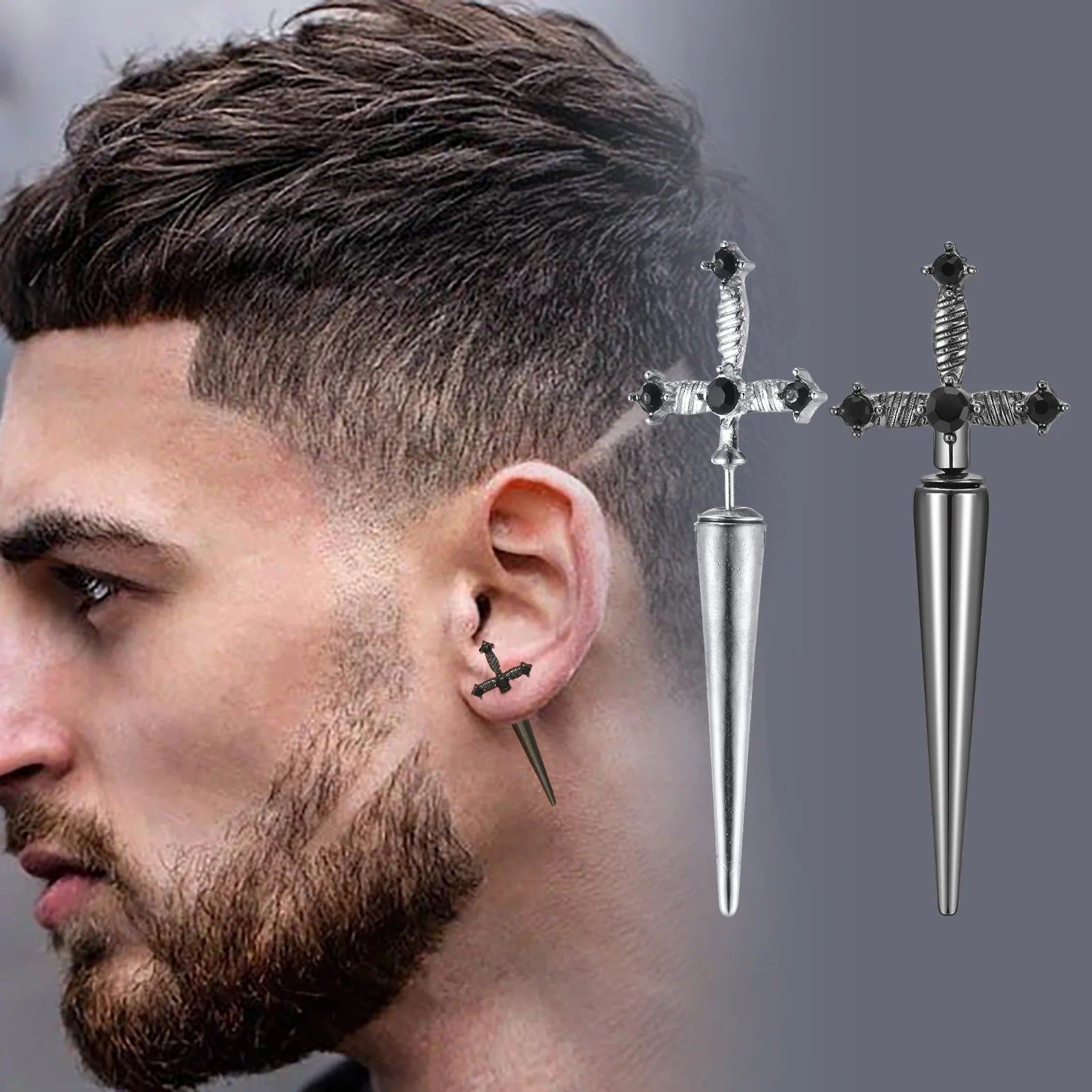 Brincos Masculinos Góticos Espada com Pedra Preta