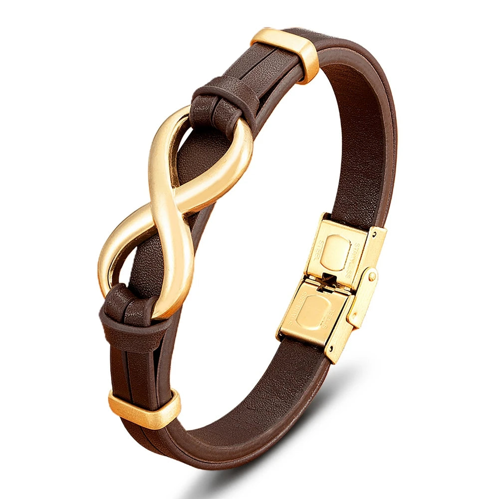 Tyo luxo couro genuíno símbolo do infinito pulseira dos homens fivela de aço inoxidável casal pulseiras jóias dropshipping atacado