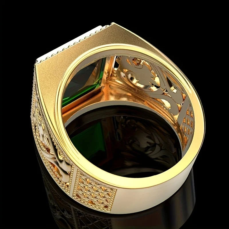 Anel Masculino Punk Vintage Banhado a Ouro 14k com Zircônia Verde