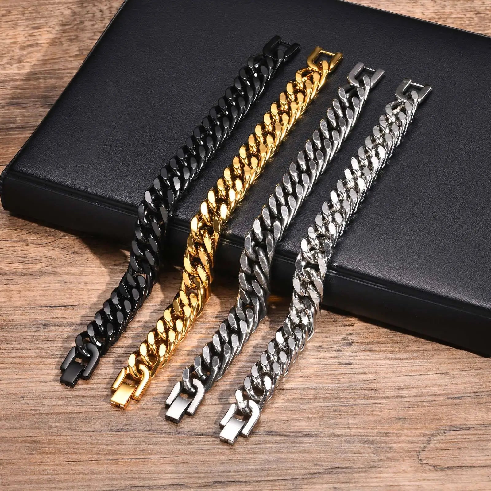 Pulseira de corrente cubana masculina cor dourada, robusta 8/10/12/15mm à prova d'água pulseira de ligação de aço inoxidável joias para presente, 19cm /21.5cm