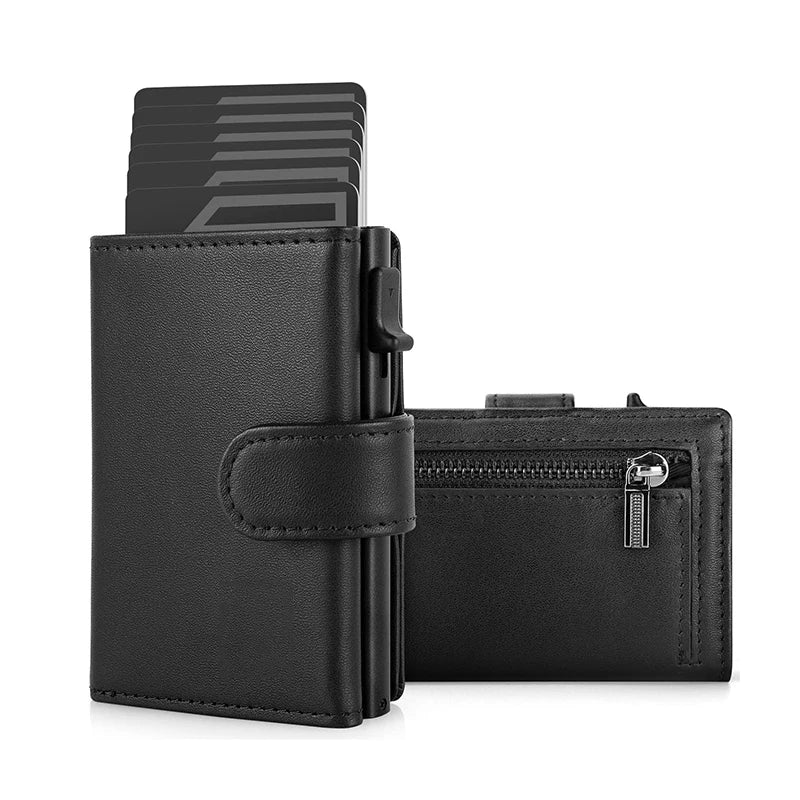 Carteira Slim Minimalista Pop-Up de Couro com Bloqueio RFID