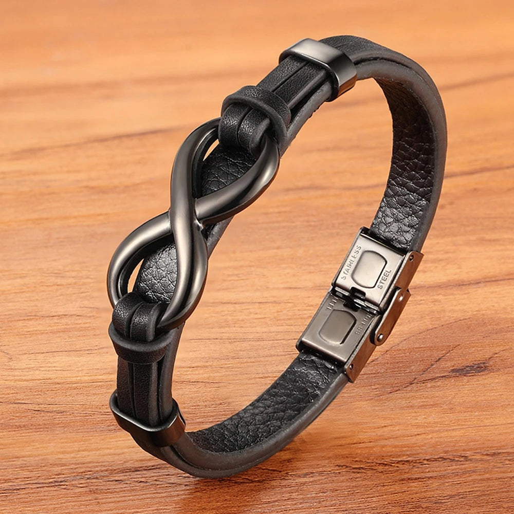 Tyo luxo couro genuíno símbolo do infinito pulseira dos homens fivela de aço inoxidável casal pulseiras jóias dropshipping atacado