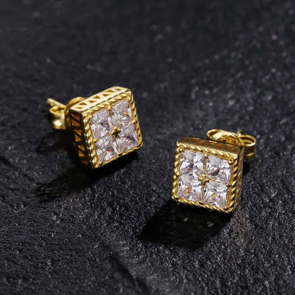 Hip hop quadrado strass brincos para homens mulheres geométrica luxo brilhante micropavé zircão cor do falso pedra orelha studs jóias