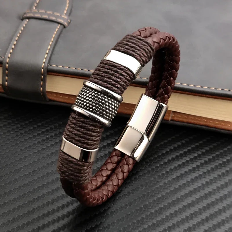 Luxo vintage multicamadas de couro marrom aço inoxidável pulseira masculina grânulo jóias masculino pulseira de pulso presentes de natal