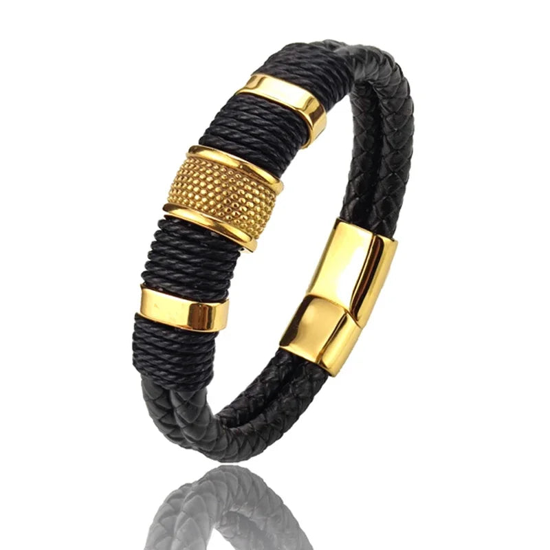 Luxo vintage multicamadas de couro marrom aço inoxidável pulseira masculina grânulo jóias masculino pulseira de pulso presentes de natal
