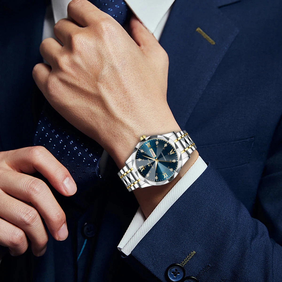 Relógio Masculino Luxo Aço Inoxidável 41mm - Azul/Dourado