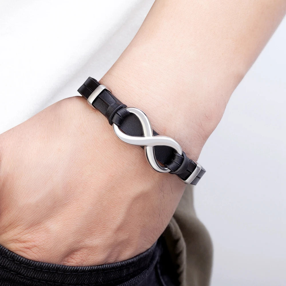 Tyo luxo couro genuíno símbolo do infinito pulseira dos homens fivela de aço inoxidável casal pulseiras jóias dropshipping atacado