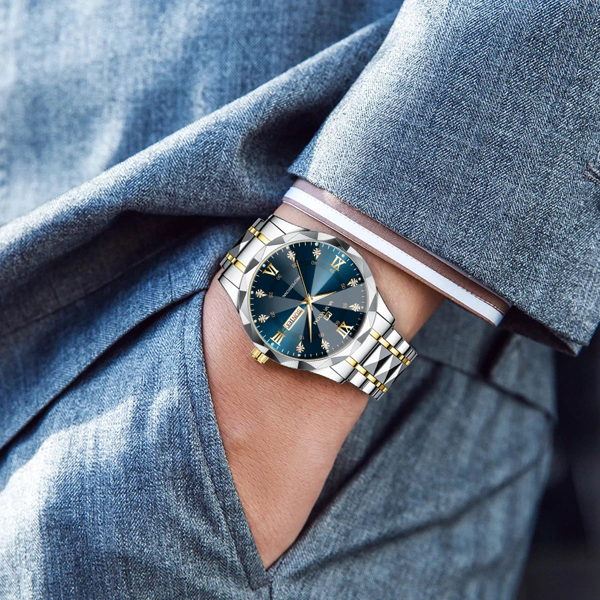 Relógio Masculino Luxo Aço Inoxidável 41mm - Azul/Dourado