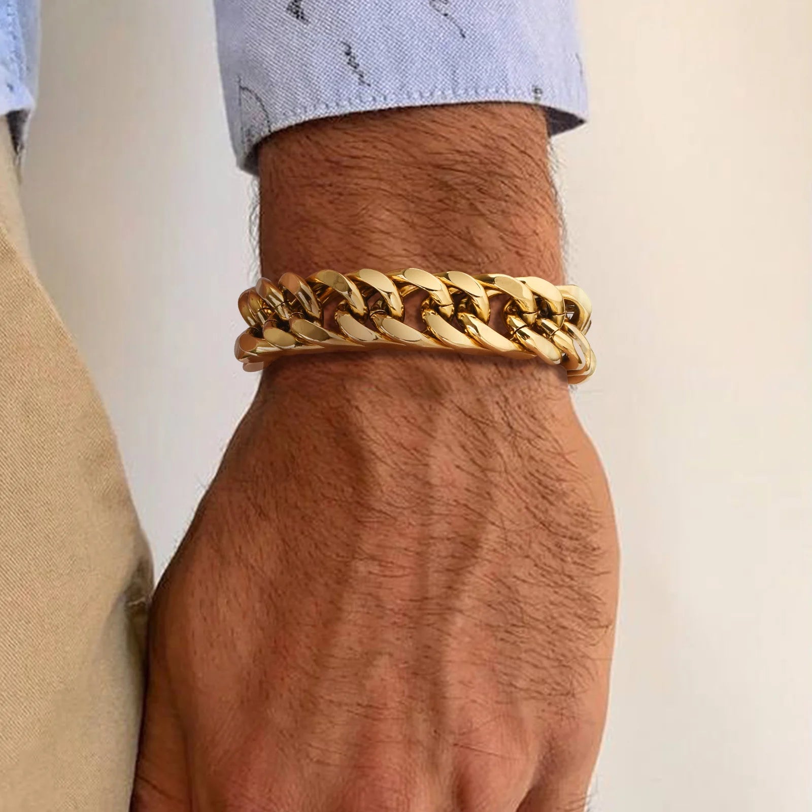 Pulseira de corrente cubana masculina cor dourada, robusta 8/10/12/15mm à prova d'água pulseira de ligação de aço inoxidável joias para presente, 19cm /21.5cm