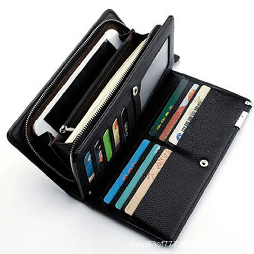 Carteira Masculina Longa Multi-slot em Couro PU com Zíper