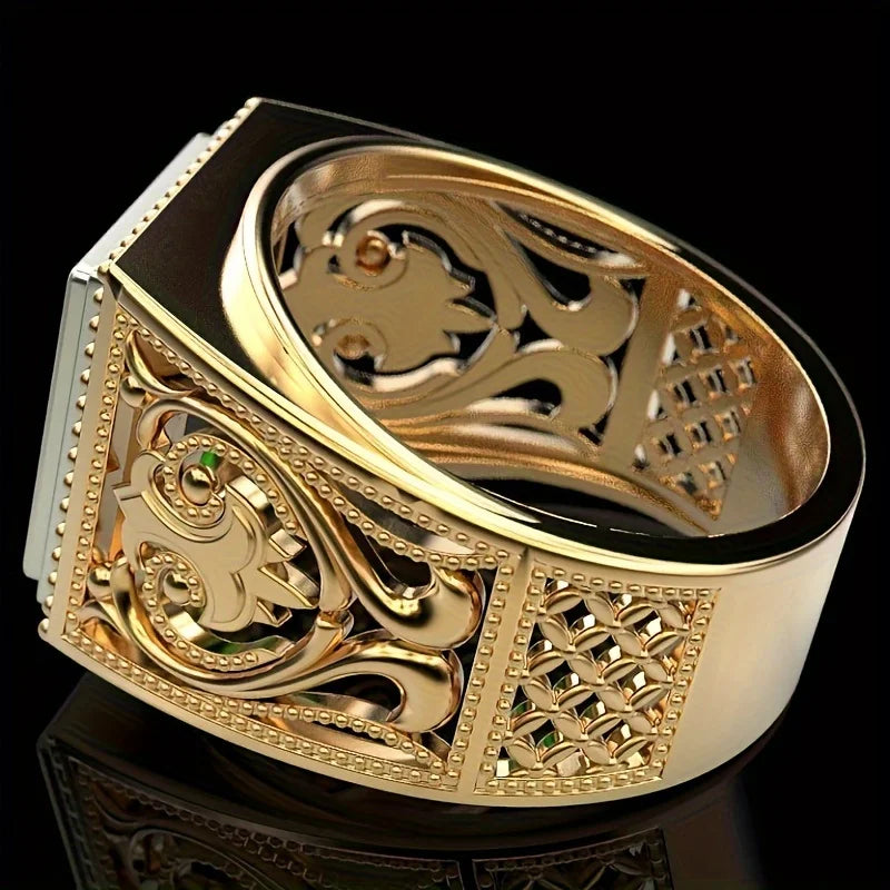 Anel Masculino Punk Vintage Banhado a Ouro 14k com Zircônia Verde