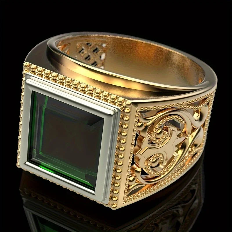 Anel Masculino Punk Vintage Banhado a Ouro 14k com Zircônia Verde