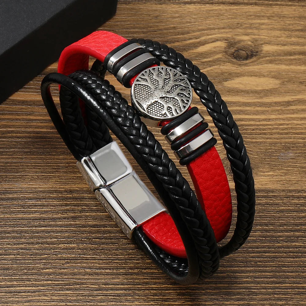 Preto árvore vermelha masculino design exclusivo novo punk vintage manguito masculino pulseiras de couro pulseiras para mulheres acessórios de jóias