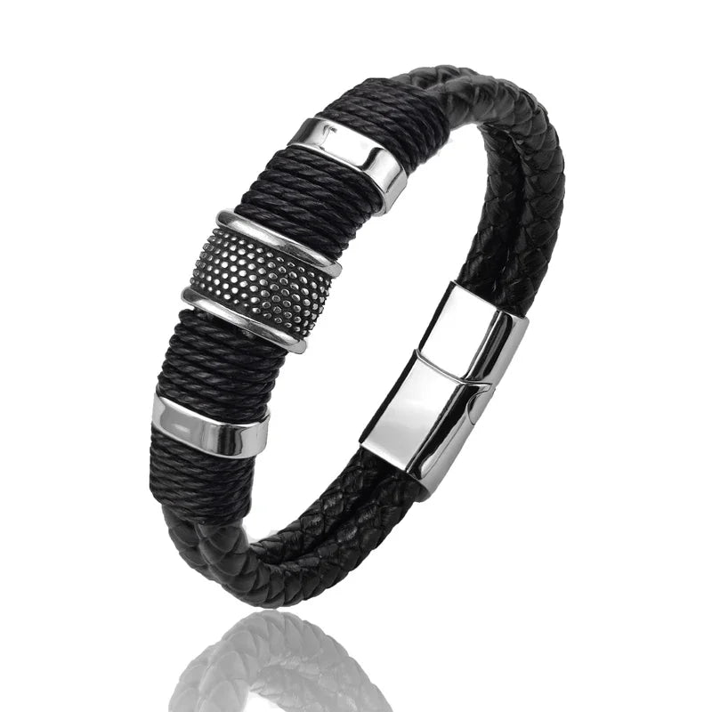 Luxo vintage multicamadas de couro marrom aço inoxidável pulseira masculina grânulo jóias masculino pulseira de pulso presentes de natal