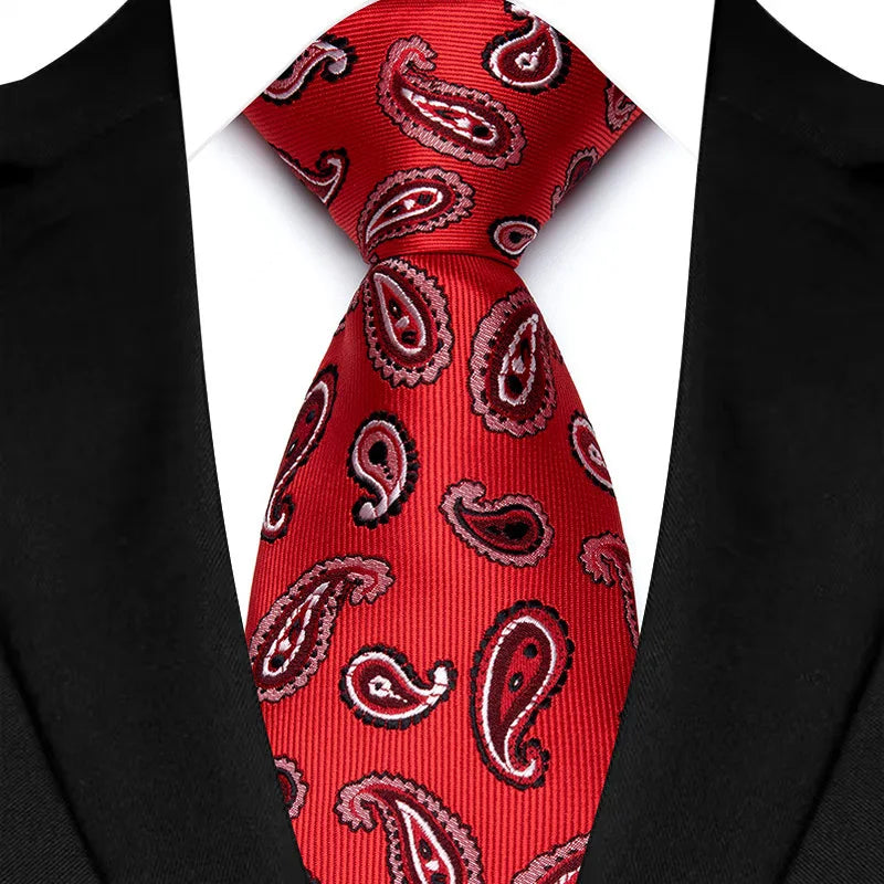 Gravata masculina luxuosa de 8cm, cor vermelha, listras sólidas, paisley, para homens, noivo, jacquard, tecido, gravata de pescoço para negócios, festa de casamento