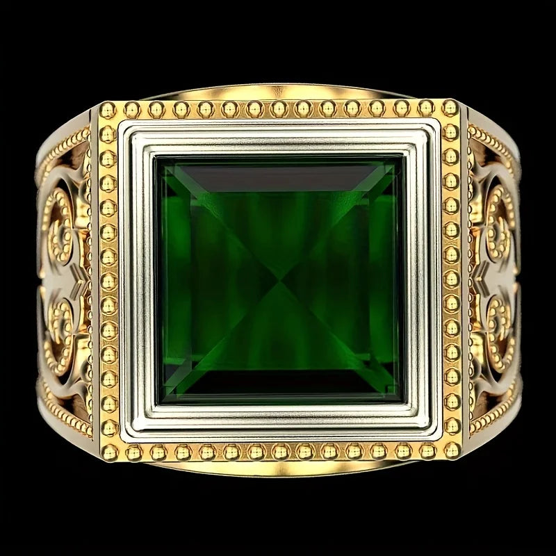 Anel Masculino Punk Vintage Banhado a Ouro 14k com Zircônia Verde