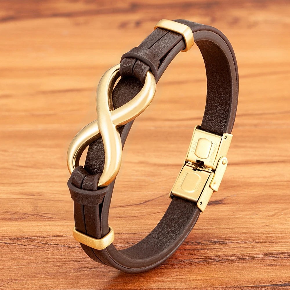Tyo luxo couro genuíno símbolo do infinito pulseira dos homens fivela de aço inoxidável casal pulseiras jóias dropshipping atacado