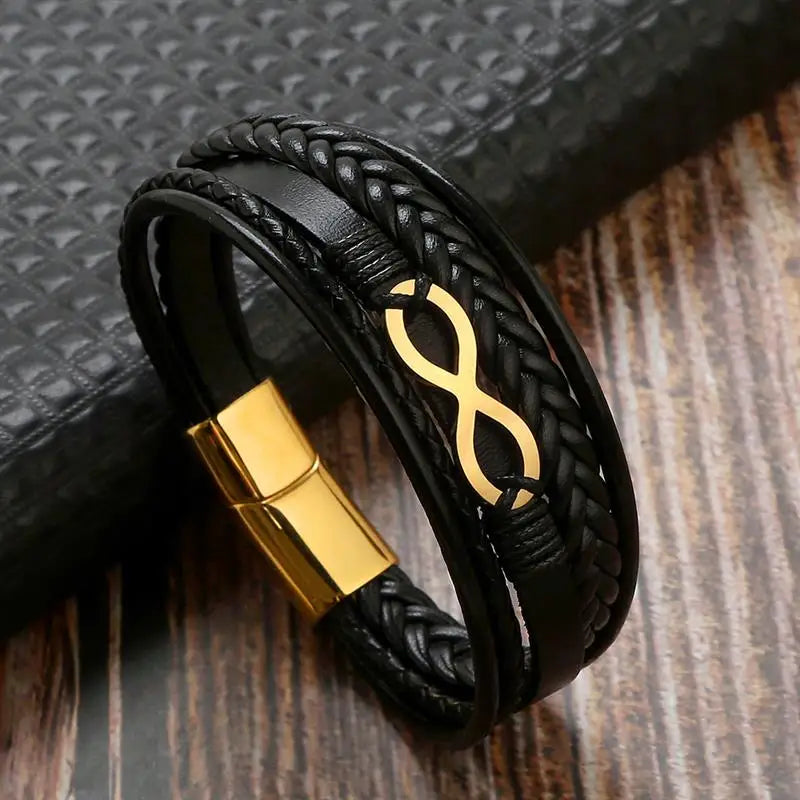 Pulseira de couro masculina multicamadas, aço inoxidável, símbolo do infinito, charme, pulseiras clássicas da moda para homens, joias, presente