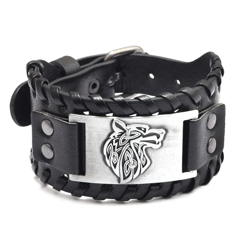 Pulseira trançada de couro viking vintage para homens, pulseira de cabeça lobo celta, modelos animais clássicos, joias na mão, acessórios