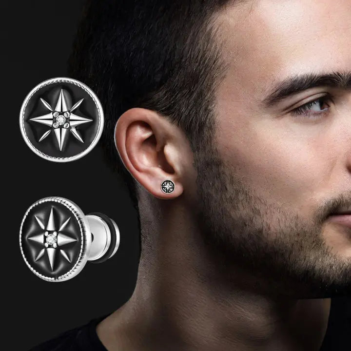 Brincos Masculinos Estrela de Bússola em Aço Inoxidável