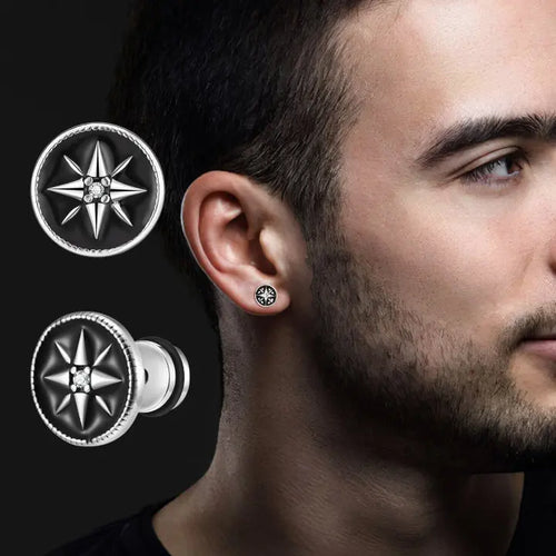 Brincos Masculinos Estrela de Bússola em Aço Inoxidável