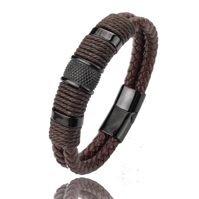 Luxo vintage multicamadas de couro marrom aço inoxidável pulseira masculina grânulo jóias masculino pulseira de pulso presentes de natal