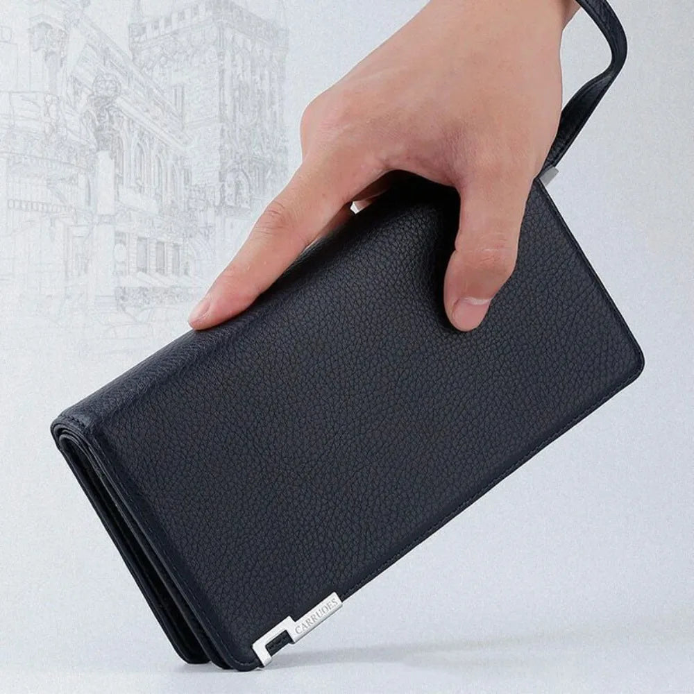 Carteira Masculina Longa Multi-slot em Couro PU com Zíper
