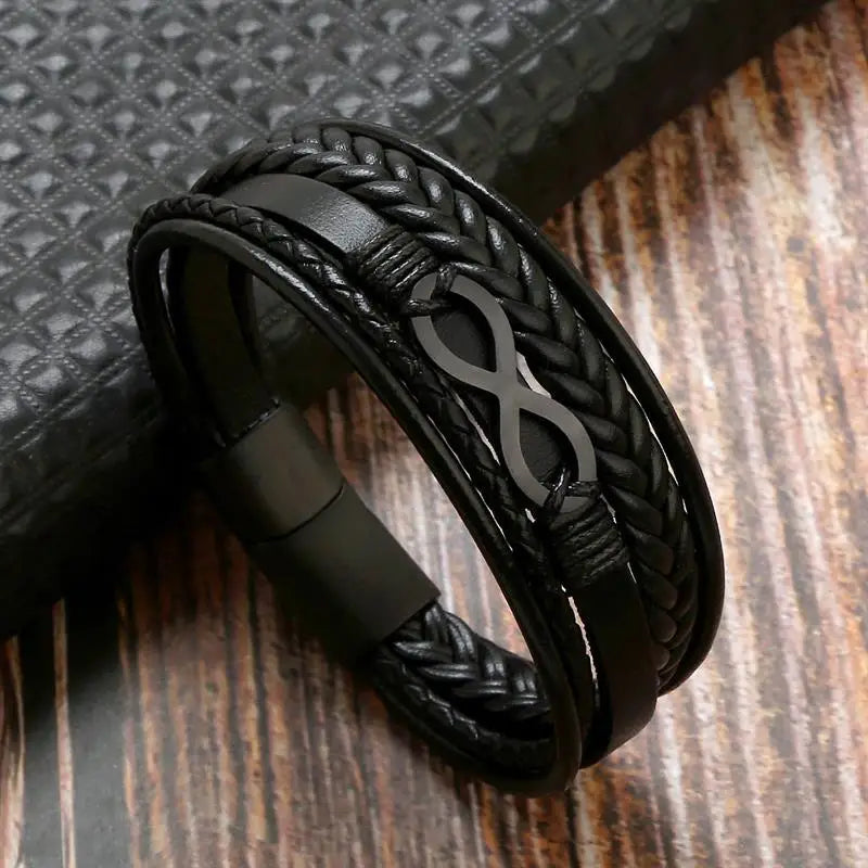 Pulseira de couro masculina multicamadas, aço inoxidável, símbolo do infinito, charme, pulseiras clássicas da moda para homens, joias, presente