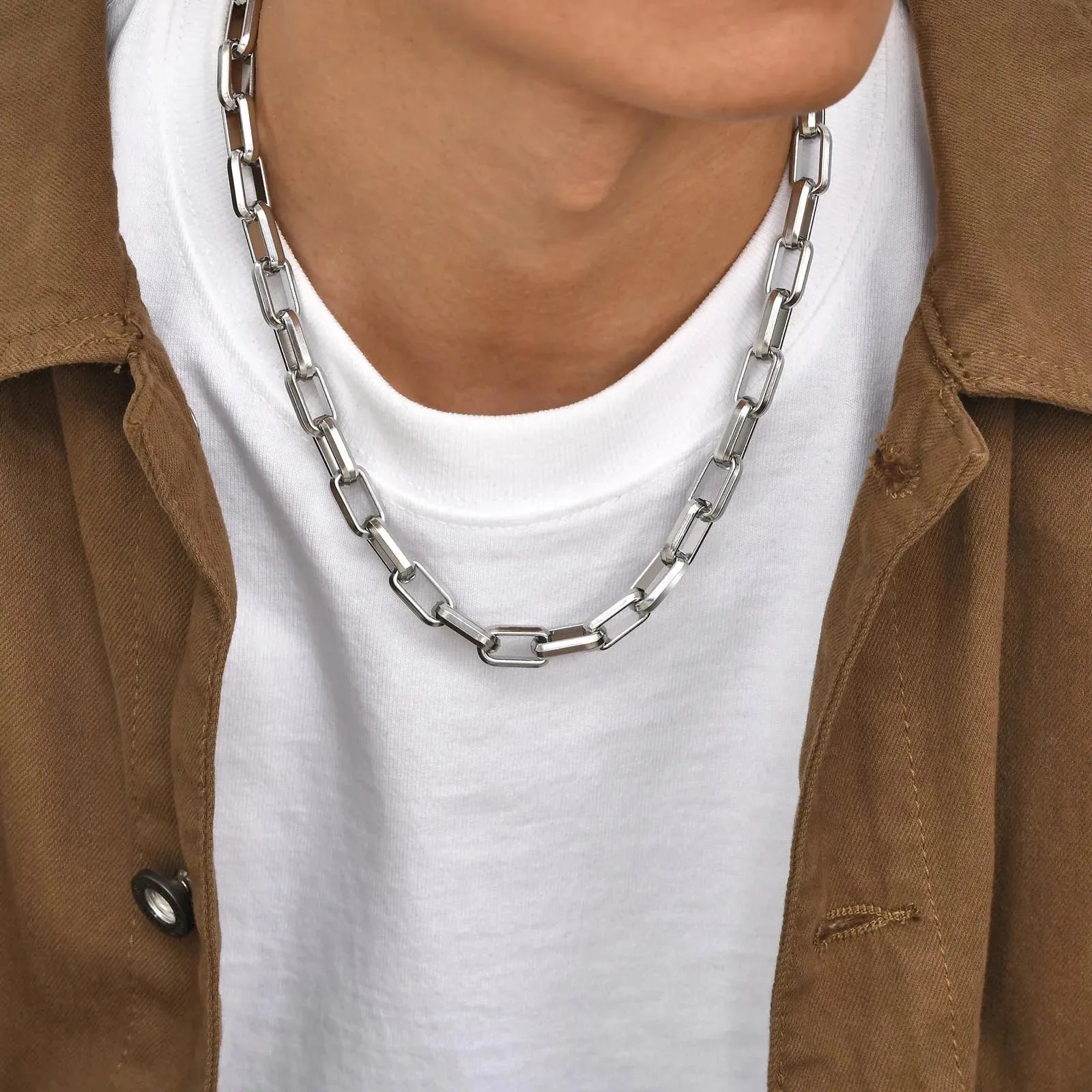 Colar Masculino de Corrente Retangular em Aço Inoxidável