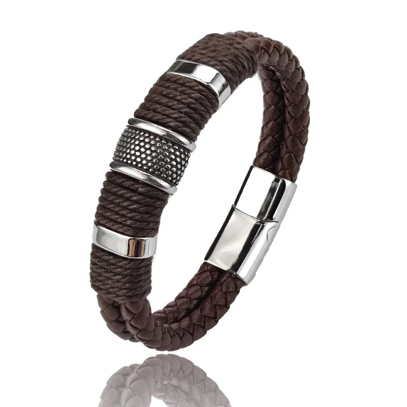 Luxo vintage multicamadas de couro marrom aço inoxidável pulseira masculina grânulo jóias masculino pulseira de pulso presentes de natal