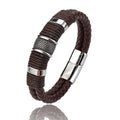 Luxo vintage multicamadas de couro marrom aço inoxidável pulseira masculina grânulo jóias masculino pulseira de pulso presentes de natal