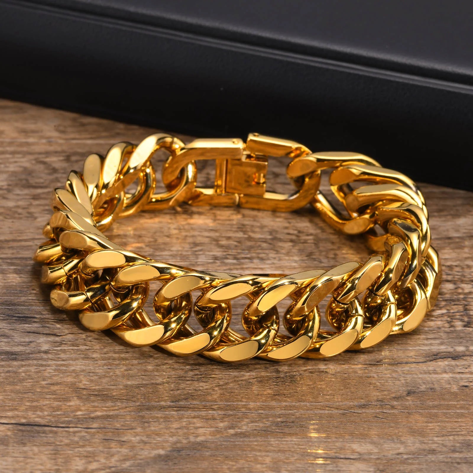 Pulseira de corrente cubana masculina cor dourada, robusta 8/10/12/15mm à prova d'água pulseira de ligação de aço inoxidável joias para presente, 19cm /21.5cm