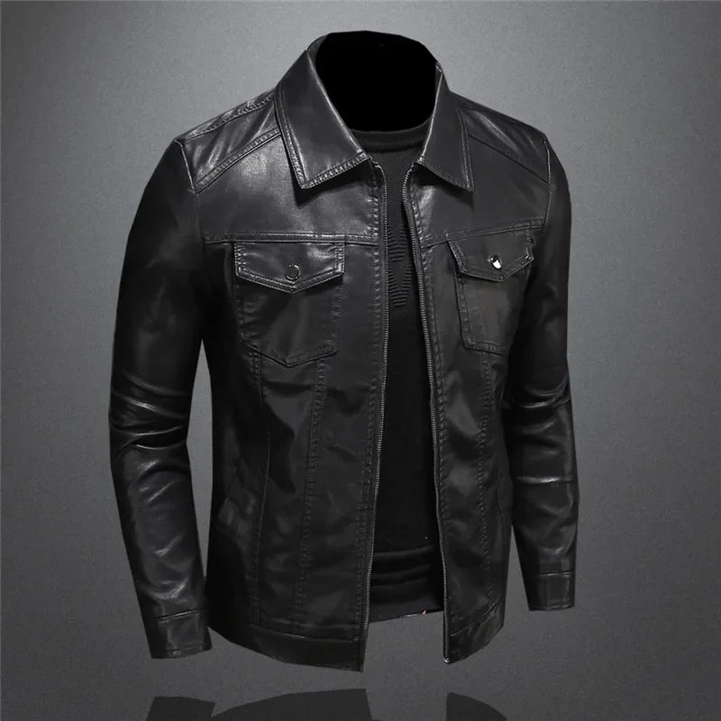 Jaqueta de Couro Masculina Slim com Zíper e Bolsos