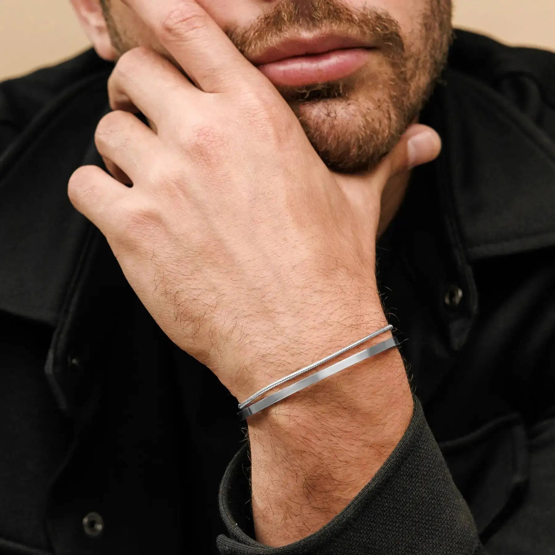 Pulseira de punho ajustável de aço inoxidável para homens simples multi-camada correspondência pulseira moda jóias na moda acessórios masculinos