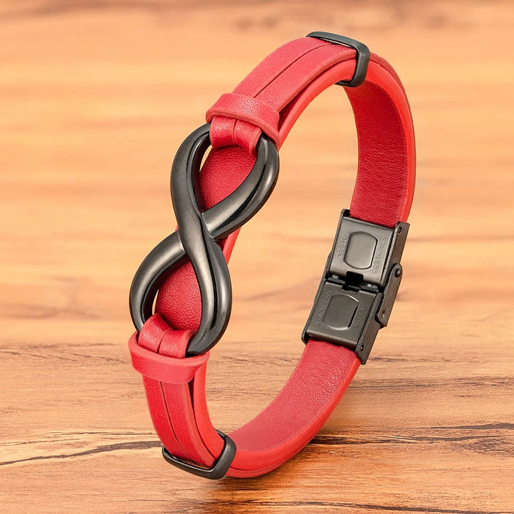Tyo luxo couro genuíno símbolo do infinito pulseira dos homens fivela de aço inoxidável casal pulseiras jóias dropshipping atacado