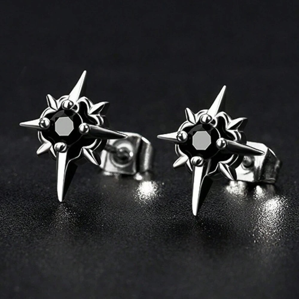 Brinco Estrela Hip Hop Prata Antiga CZ Preto