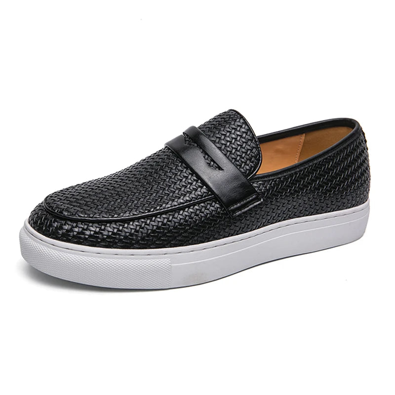 Mocassins Masculinos de Couro com Padrão Tecido