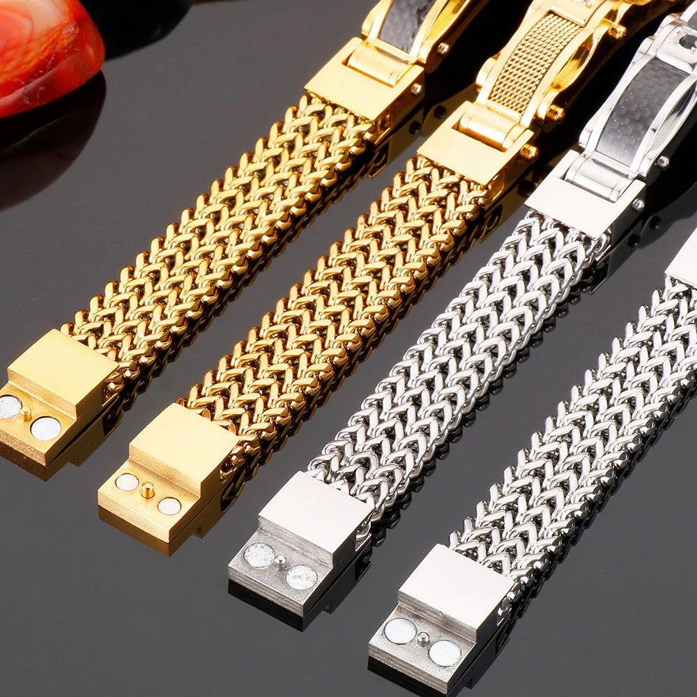Pulseira Luxuosa de Aço Inoxidável Dourada 12mm