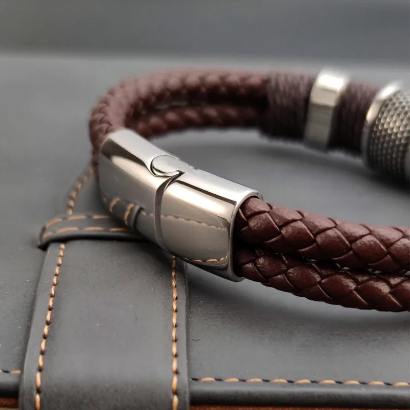 Luxo vintage multicamadas de couro marrom aço inoxidável pulseira masculina grânulo jóias masculino pulseira de pulso presentes de natal